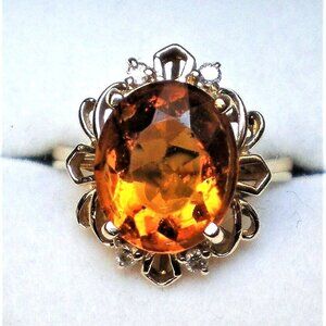 Vintage Designer 14K Yellow Gold 6CT Golden Topaz 0.10CT Diamond Cluster RING
